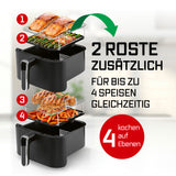GOURMETmaxx FryUp Vertikale Doppelkammer-Heißluftfritteuse mit 4 Ebenen und 2 zusätzlichen Rostern für bis zu 4 Speisen.