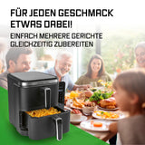 GOURMETmaxx FryUp Vertikale Doppelkammer-Heißluftfritteuse mit 4 Ebenen und 10 Liter Volumen für Familienessen.