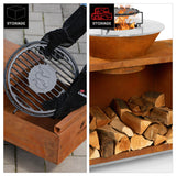 LANDMANN Feuerschalen-Wagen + Plancha-Grill KORREO mit Gusseisen-Grillrost und Holzlagerfach, praktische Ausstattung und transportabel.
