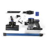 CLEAN Edition Akku-Zyklon-Staubsauger schwarz/blau mit 2-Filtersystem, Akku, 800 ml Behälter, Aluminiumrohr und Zubehörteilen.