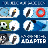EASYmaxx Akku-Handkompressor mit Display und USB, zeigt passende Adapter für Fahrrad, Auto, Bälle und Schwimmringe.
