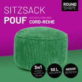 LUMALAND Sitzsack Pouf (Cord-Reihe), 50L - Bezug waschbar - Hocker, Schemel und Ablage in Dunkelgrün mit geripptem Stoff.