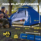 Where Tomorrow - Pop up Kuppelzelt für 3 Personen - 10 Sek. Quick-up-Aufbau - Blau mit Maßeinblendung und Outdoor-Nutzung dargestellt