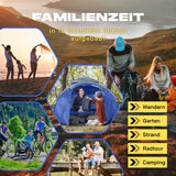 Where Tomorrow Pop up Familienzelt für 3 Personen, 10 Sek. Quick-up-Aufbau, blau, leicht, wasserfest, ideal für Camping, Strand und Garten.