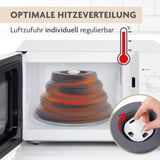 KitchBo Faltbare Mikrowellenhaube mit Magnet zur einfachen Verstauung in der Mikrowelle für optimale Hitzeverteilung und regulierbare Luftzufuhr.