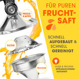 LUMALAND Manuelle Saftpresse - stabil, leise, pflegeleicht mit abnehmbarem Filter, Trichter und Presskappe, spülmaschinenfest, für reinen Fruchtsaft.