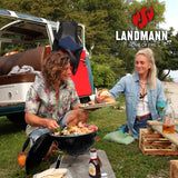 LANDMANN Piccolino King mit pulverbeschichtetem Deckel und Feuerschale, gummierten Deckelklammern und Edelstahl-Grillzange im Einsatz beim Grillen.