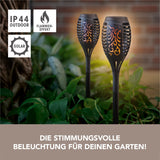 EASYmaxx Solar-Fackel LED mit Erdspieß und Clip im 2er-Set mit Flammeneffekt, wetterbeständig, ideal für Gartenbeleuchtung.