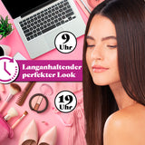 Frau mit glattem Haar und Text „Langanhaltender perfekter Look“ zeigt VITALmaxx Profi Hair-Styler - 3in1 Lockenstab, Glätteisen, Welleisen mit Display.
