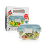 GOURMETmaxx Glas-Lunchbox Klick-it mit integriertem Kühlakku 950 ml, auslaufsicherer Deckel und unterteilter Innenbehälter in Grau/Grün.