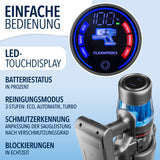 CLEANmaxx AeroTec 500 Staubsauger mit Absaugstation zeigt LED-Touchdisplay für Akku, Modus & Blockieranzeige.
