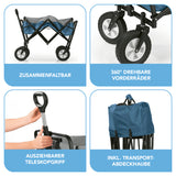 EASYmaxx Bollerwagen faltbar - blau/grau mit Stahlrahmen, 360° drehbaren Rädern, Teleskopgriff und Transport-Abdeckhaube, bis 80 kg belastbar.