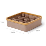 LUMALAND Organizer mit Bambus-Rahmen - 3er-Set - 30 x 30 x 9 cm (3/4/9 Aufteilung) - Taupe, faltbare Aufbewahrungsbox mit 9 Fächern.