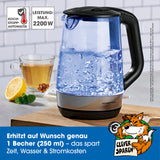 GOURMETmaxx Glas-Wasserkocher 1,7l mit Wasserstandsanzeige, Edelstahl/schwarz, kabellos, 2200W, Koch-Stopp-Automatik, 0,25 Liter minimal.