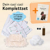 cuci cuci Näh-Baukastenset Pferd Pepper mit Schnittmuster, Anleitung, Knöpfen, Nähnadel und Füllwatte für Kinder ab 5 Jahren.