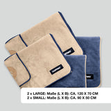 FLUFFINO® Hundehandtuch Mikrofaser 4er-Pack in Beige & Blau, extra saugfähig, schnell trocknend, handlich und waschbar.