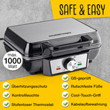 GOURMETmaxx Waffeleisen für Belgische Waffeln mit stufenlosem Thermostat, Cool-Touch-Griff, Kontrollleuchte und rutschfesten Füßen, 1000 Watt.
