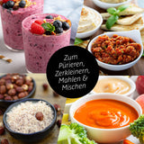 GOURMETmaxx Nutrition Mixer Pro 1.000 mit Zubehörset M zeigt verschiedene pürierte Speisen und Smoothies.