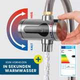 HOBERG Universal-Durchlauferhitzer – Edelstahl, LED-Anzeige, sofort warmes Wasser ohne Vorheizen aus fast jedem Wasserhahn.