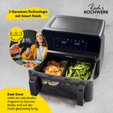 GOURMETmaxx Heißluft-Fritteuse Vario-Doppelkammer 9l mit Dual-Zone-Technologie für gleichzeitiges Garen verschiedener Speisen.