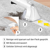 N8WERK Polster- und Teppichreiniger zeigt Reinigung von Flecken auf Teppich mit Sprühen, Bürsten und Absaugen.