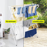 Der EASYmaxx Teleskop-Wäscheständer 800 (auszieh- & klappbar, 8m Trockenlänge) ist zu sehen: Links „Für drinnen“, rechts „und draußen“ auf gelben Etiketten – ideal zum platzsparenden Trocknen drinnen und draußen.