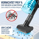 CLEANmaxx AeroTec 500 Staubsauger mit Absaugstation zeigt Milbenaufsatz mit UV-C-Licht für hygienische Tiefenreinigung ohne Chemie.