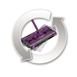 Akku-Besen Swivel Sweeper G2 mit Li-Ion Batterie lila zeigt 360° Rotation für einfache Reinigung in Ecken und unter Möbeln.