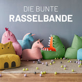 LUMALAND Kindersitzsack Animal Line Einhorn - Türkis/Pastell Pink in Kinderzimmer mit bunten Tier-Sitzsäcken auf Teppich