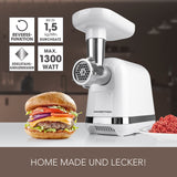 GOURMETmaxx Fleischwolf - Weiß mit 1300 Watt, Reverse-Funktion und Edelstahl-Kreuzmesser für schnelles Hacken von Fleisch und mehr.