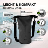 Where Tomorrow Dry Bag 2L - Schwarz, wasserdichter Rucksack mit Rolltop, verstellbarem Schultergurt, UV-Schutz und robustem Material.