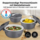 MAXXMEE Thermo-Schüssel Mikrowelle - 3er-Set grau/weiß mit Edelstahl, hält Speisen bis zu 5 Stunden warm oder kalt, temperaturbeständig -20 bis 100 °C