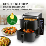 GOURMETmaxx FryUp Vertikale Doppelkammer-Heißluftfritteuse mit 4 Ebenen, 10 Liter Volumen, fettarme Zubereitung, platzsparend.