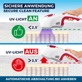 CLEANmaxx Milbensauger Vibration zeigt sichere UV-Licht-Aktivierung bei weniger als 2,5 Grad Abstand zur Oberfläche.