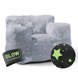 LUMALAND Sessel „Glow in the Dark“ - Kids Size - Sternen-Design - Bezug soft & waschbar - Grau, leuchtet im Dunkeln, kuschelig weich, mit Seitentasche.