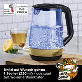 GOURMETmaxx Glas-Wasserkocher Tasse für Tasse mit 2200W, Wasserstandsanzeige und kabellosem Wasserbehälter in schwarz/gold.