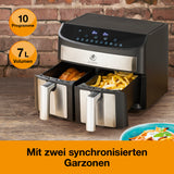Kochwerk Heißluft-Fritteuse Zweikammer 7 Liter Edelstahl/schwarz mit zwei synchronisierten Garzonen und 10 voreingestellten Programmen.