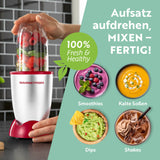 GOURMETmaxx Mr. Magic Power 400 Pro mit Zubehörset M zeigt Kompaktmixer mit frischen Früchten für Shakes, Smoothies, Dips & Soßen.