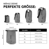 Where Tomorrow Dry Bag 30L - Grau, wasserdichter und robuster Outdoor-Rucksack mit Rolltop-Verschluss und verstellbarem Schultergurt.