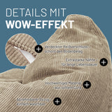 LUMALAND Sitzsack GIANT aus der Cord-Reihe, 135 x 100 cm beige mit softem, waschbarem Bezug und verdecktem Reißverschluss für Langlebigkeit.