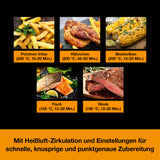 Kochwerk Heißluft-Fritteuse 5l inkl. Rezeptbuch zeigt vielfältige Gargerichte mit Temperaturen und Zeiten für perfekte Zubereitung.