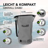 Where Tomorrow Dry Bag 10L - Style 01 - Grau wasserdichter, robuster Rucksack mit UV-Schutz, verstellbarem Schultergurt und Rolltop-Verschluss.