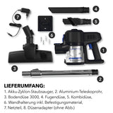 CLEANmaxx Zyklon-Staubsauger schwarz/blau mit Akku, Aluminium-Teleskoprohr, Bodendüse, Fugendüse und Kombidüse für vielseitige Reinigung.