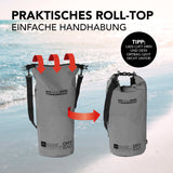 Where Tomorrow Dry Bag 20L - Style 01 - Grau mit praktischem wasserdichtem Rolltop-Verschluss und verstellbarem Schultergurt.