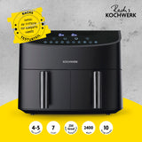 Rachs KOCHWERK Heißluft-Fritteuse Doppelkorb 2x 3,5l schwarz mit 10 Programmen, 2400W, 230 Grad, 7 Liter Fassungsvermögen.