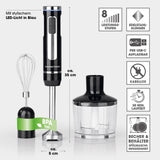 GOURMETmaxx Akku-Stabmixer XL-Zubehör-Set kabellos mit Edelstahlklingen, 30 Min. Laufzeit, USB-C aufladbar, BPA-frei, spülmaschinengeeignet.