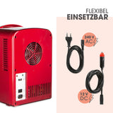 GOURMETmaxx Mini-Kühlschrank Retro 45W Rot mit 240V Netz- und 12V Kfz-Anschluss, ideal für unterwegs und flexibel einsetzbar.