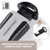 GOURMETmaxx Kochfeldschaber 13,2 x 5,1 x 2,2 cm Schwarz/Grau mit Soft-Touch-Griff und einziehbarer Klinge, inklusive 4 Ersatzklingen.