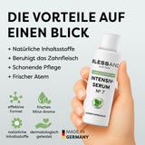 Hand hält Blessand Mundpflege Nr. 7 10ml weiß Intensiv-Serum mit natürlicher Pflege für Zahnfleisch und frischem Minz-Aroma
