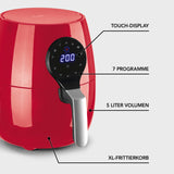 MAXXMEE Heißluft-Fritteuse Digital Rot mit 5 l Volumen, Touch-Display, 7 Programmen und XL-Frittierkorb.